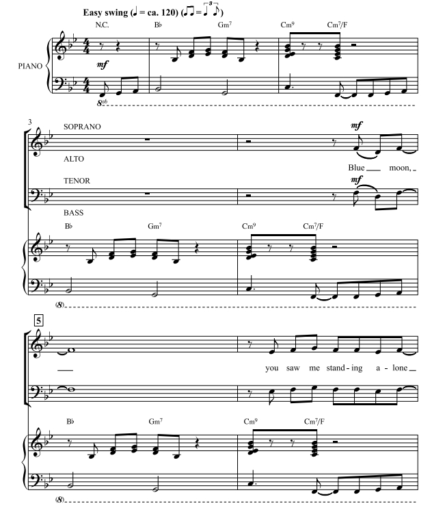 商品为SATB 四声部合唱线谱 蓝月亮 Blue Moon 科比肖版 混声爵士合唱谱 有试听