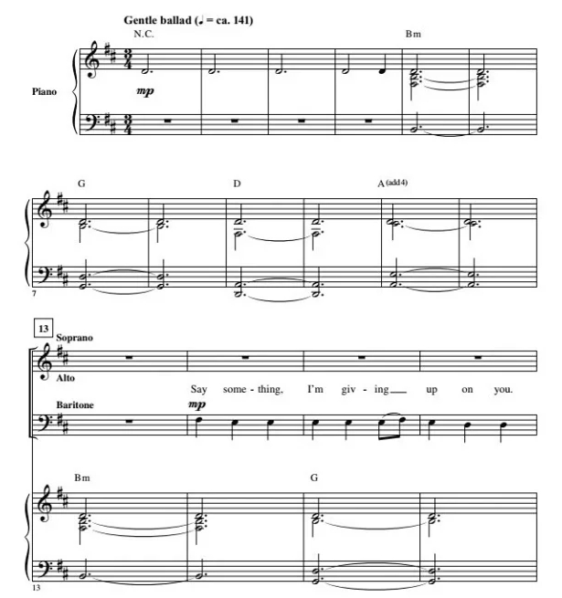 商品为SAB 三声部合唱线谱 说些什么 比林斯利版  混声合唱谱 有试听