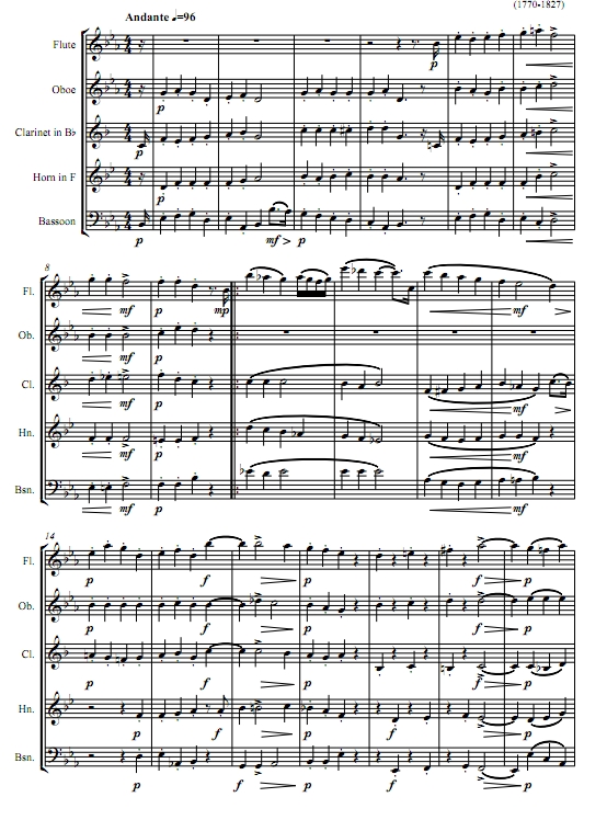 贝多芬G大调第十钢琴奏鸣曲Op.14 No.2第二乐章 木管五重奏总谱+分谱 有试听