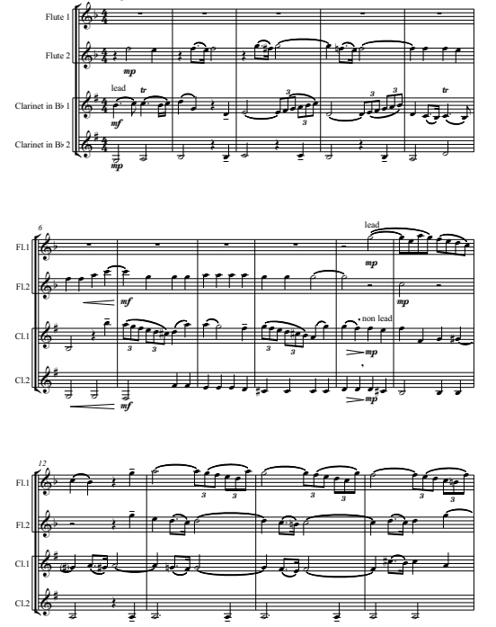 钢琴奏鸣曲柔板 加路比 2长笛与2单簧管四重奏总谱+分谱 有试听