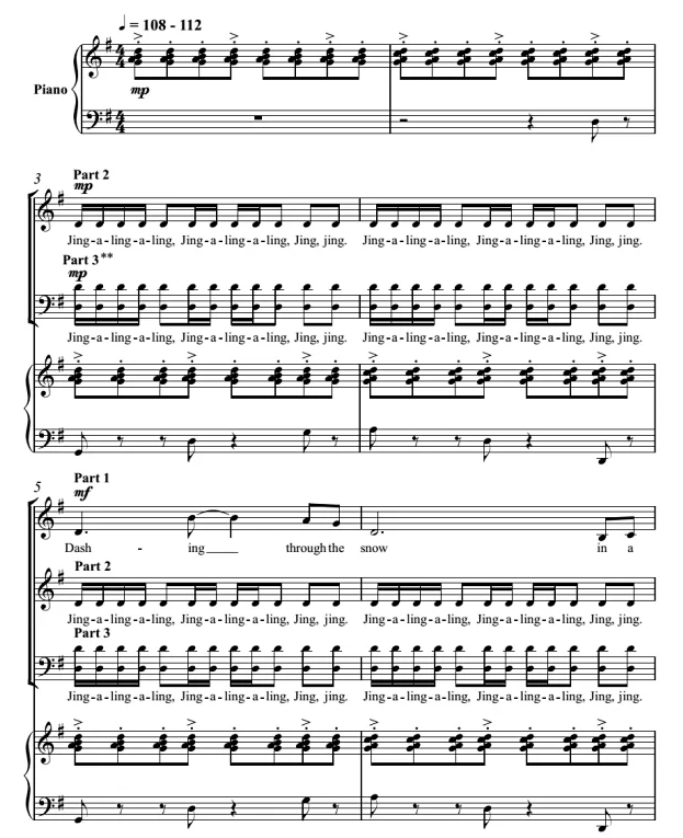 商品为SAB 三声部合唱线谱 铃儿响叮当 Jingle Bells 法奈尔版 混声圣诞合唱谱 有试听