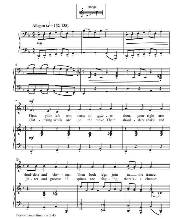 商品为SA 二声部合唱线谱 骷髅之舞 奇尔德斯版 齐唱或二部童声女声合唱+钢琴谱 有试听