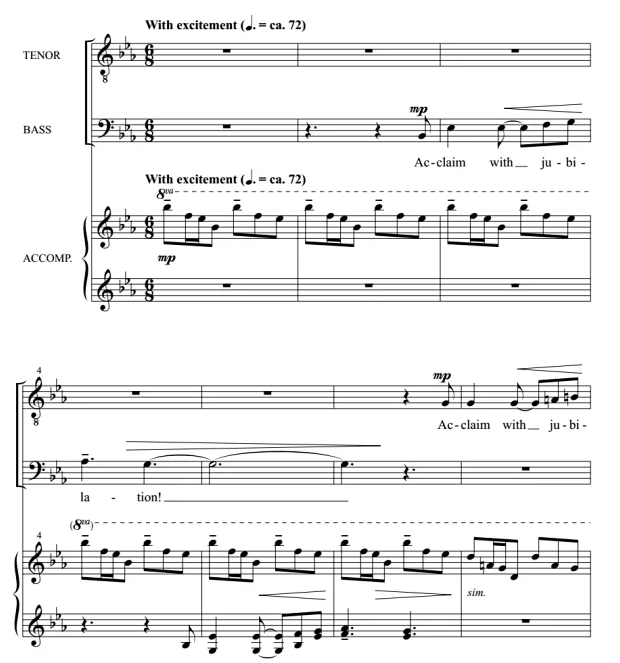 商品为SATB 四声部合唱线谱 Acclaim With Jubilation 施瓦贝尔版 混声合唱+钢琴谱 有试听