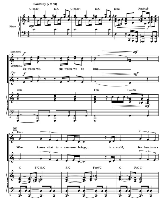 商品为SSA 三声部合唱线谱 Up Where We Belong 布莱默版 童声女声流行合唱谱 有试听