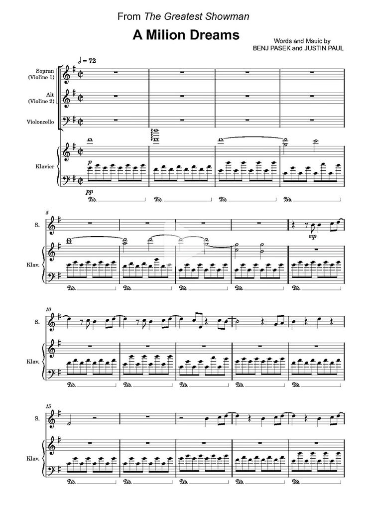 A million dreams 马戏之王 弦乐三重+钢琴四重奏 2小1大提琴1钢琴 钢琴主旋律协奏版 总谱 分谱