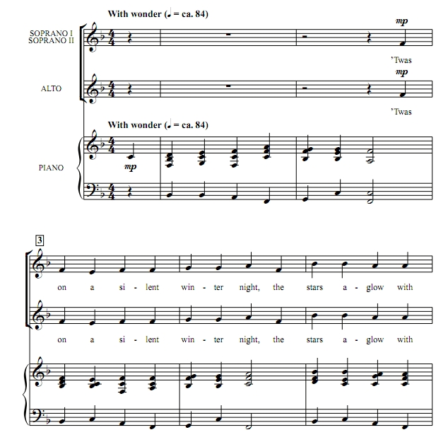 商品为SSA 三声部合唱线谱 冬之卡农  贝克版 童声女声合唱谱 有试听