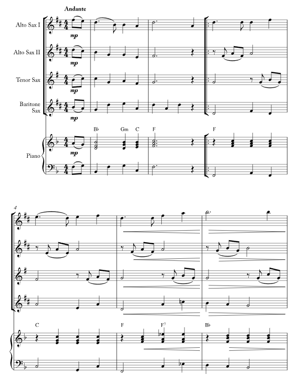 友谊地久天长 吉尔德松版 AATB 萨克斯四重奏+钢琴 总谱+分谱 有试听