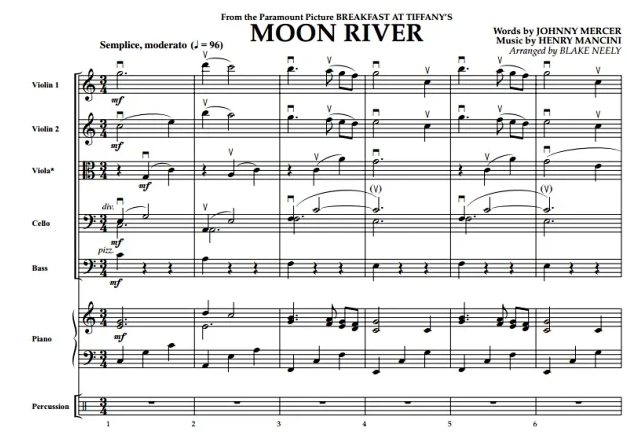 月亮河 Moon River 尼利版 交响弦乐合奏总谱+分谱 G3-4 有试听