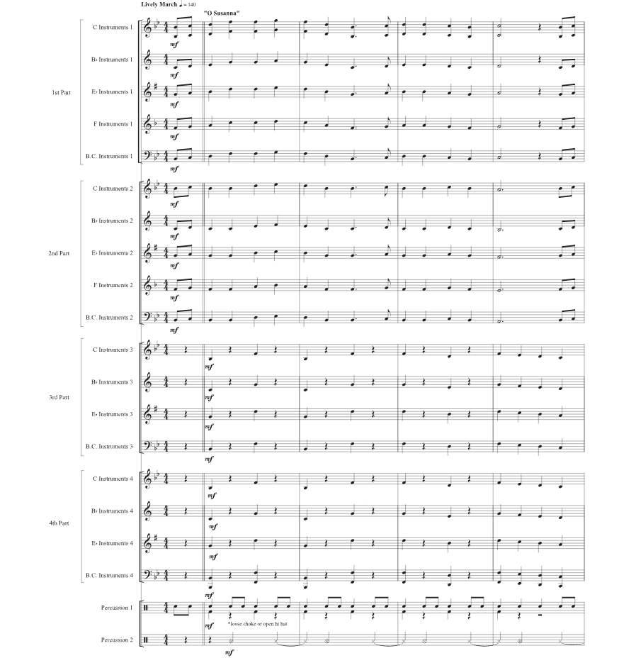 美国民歌组曲串烧 初级 灵活乐队演奏总谱+分谱 加巴特版  有试听