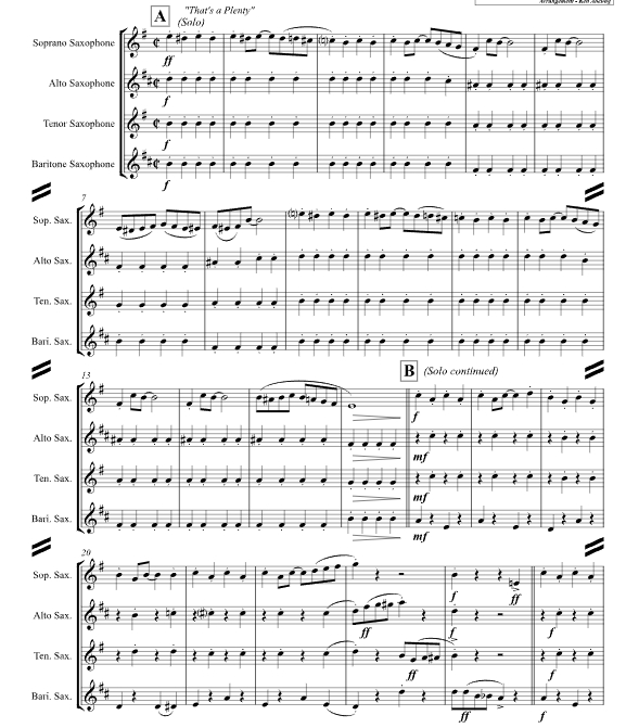 克西兰爵士联奏 肯尼思版 SATB萨克斯四重奏 总谱+分谱  有试听