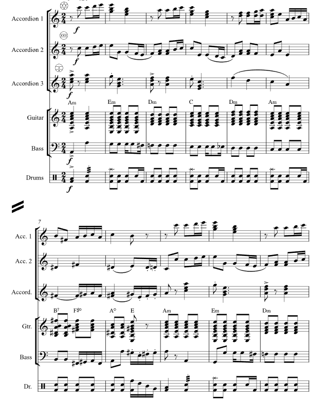 一步之遥（探戈）罗尔版 3手风琴吉他贝斯鼓合奏 总谱+分谱 有试听