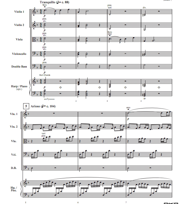 以己之翼，振翅高飞 弦乐五重奏+钢琴 总分谱 有试听