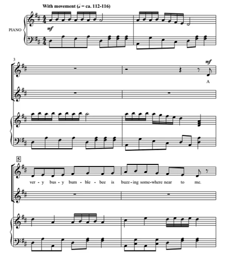 商品为SA 二声部合唱线谱 大黄蜂 The Bumblebee  童声女声合唱+钢琴谱 有试听 自动发货