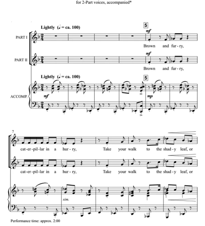 商品为SA 二声部合唱线谱 毛毛虫 Caterpillar 奥康奈尔版 童声女声合唱+钢琴谱 有试听