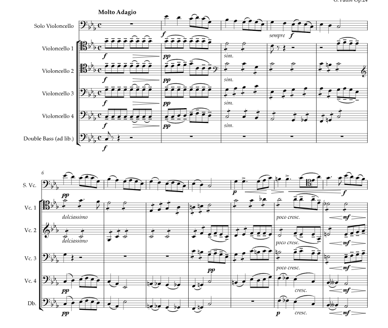 福雷 悲歌Op. 24 保罗官方原版 大提琴五重奏 总谱+分谱 有试听