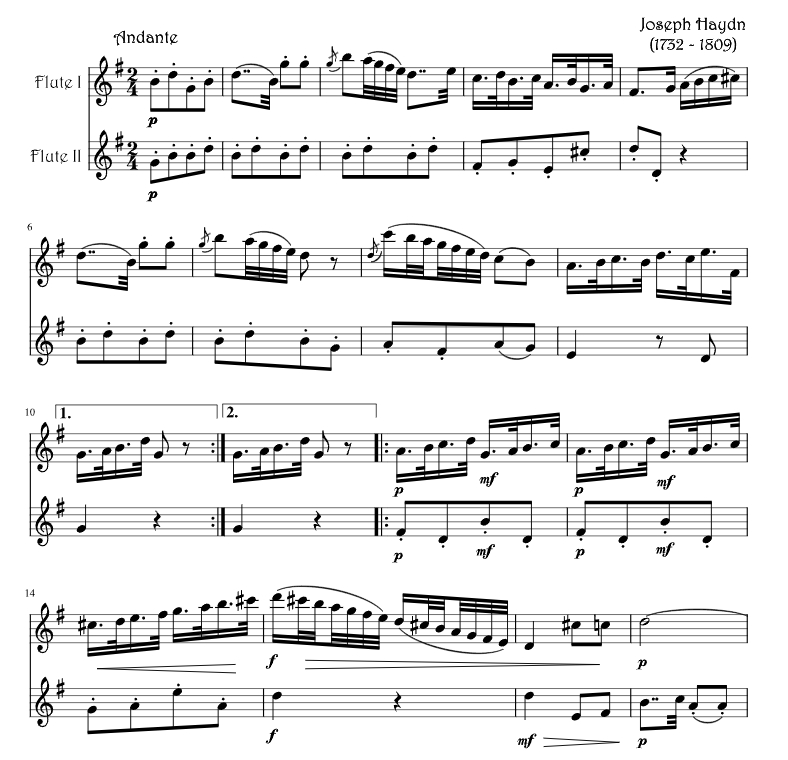 第 101 号交响曲 时钟 第二乐章 行板 长笛二重奏 格伦官方原版 总谱+分谱  有试听  自动发货