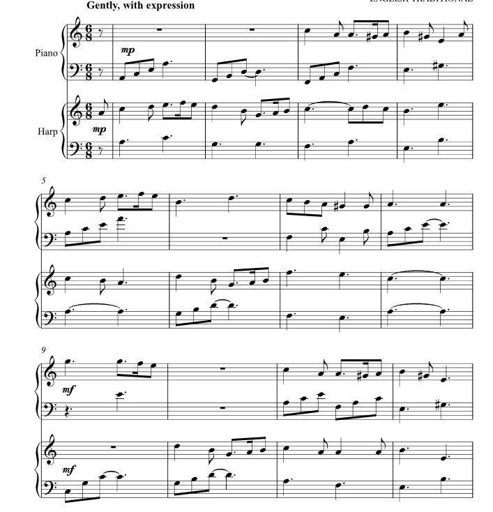 绿袖子 竖琴钢琴二重奏 辛迪官方原版 总谱+分谱 有试听