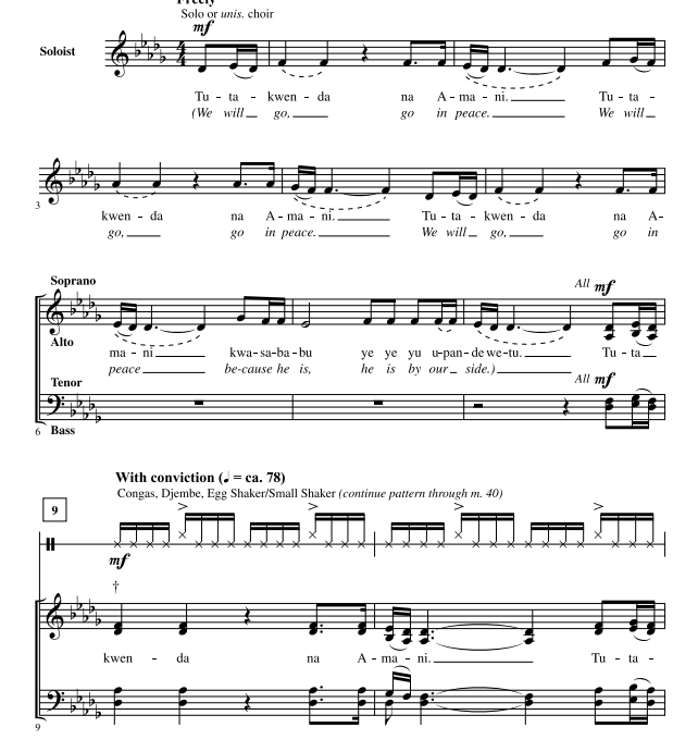 商品为SATB 四声部合唱线谱 Tutakwenda 非洲风格 洛佩斯版 无伴奏混声合唱谱  有试听 自动发货