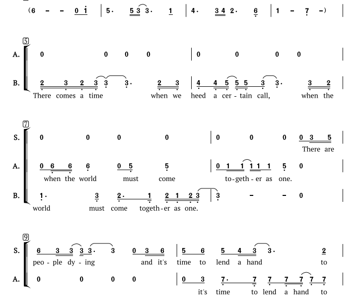 商品为三声部合唱简谱 We Are The World 天下一家 E调 三声部 混声合唱简谱 有试听 自动发货