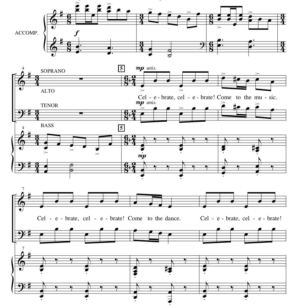 商品为SATB四声部合唱线谱 Come To The Music 约瑟夫马丁 有试听